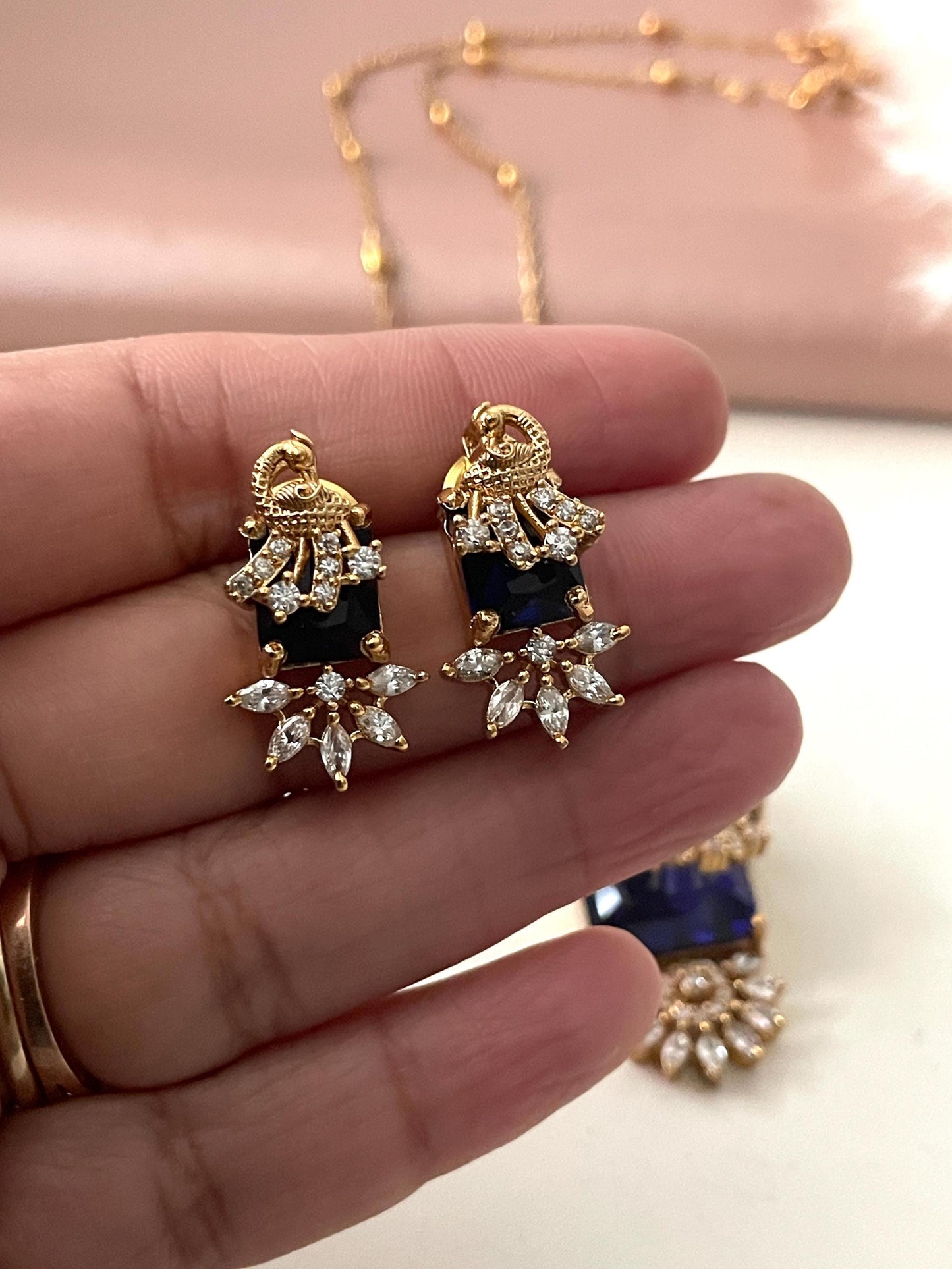 Gold Plated CZ Peacock Pendant Necklace Set: Green & Navy