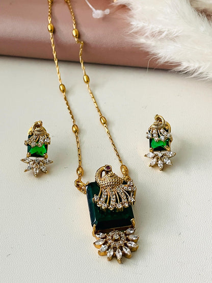 Gold Plated CZ Peacock Pendant Necklace Set: Green & Navy