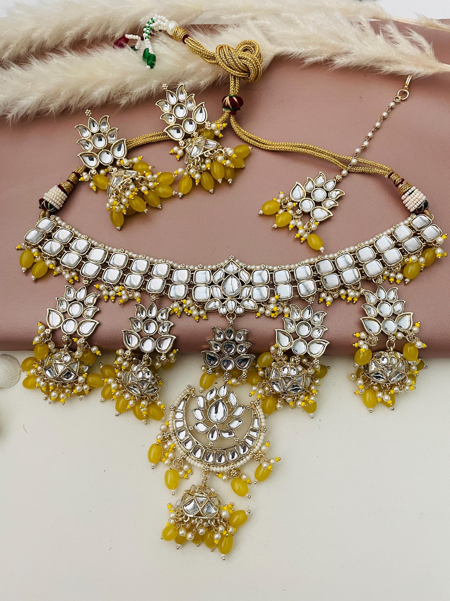 Yellow Kundan Choker Set: Bridal Necklace with Earrings & Maang Tika