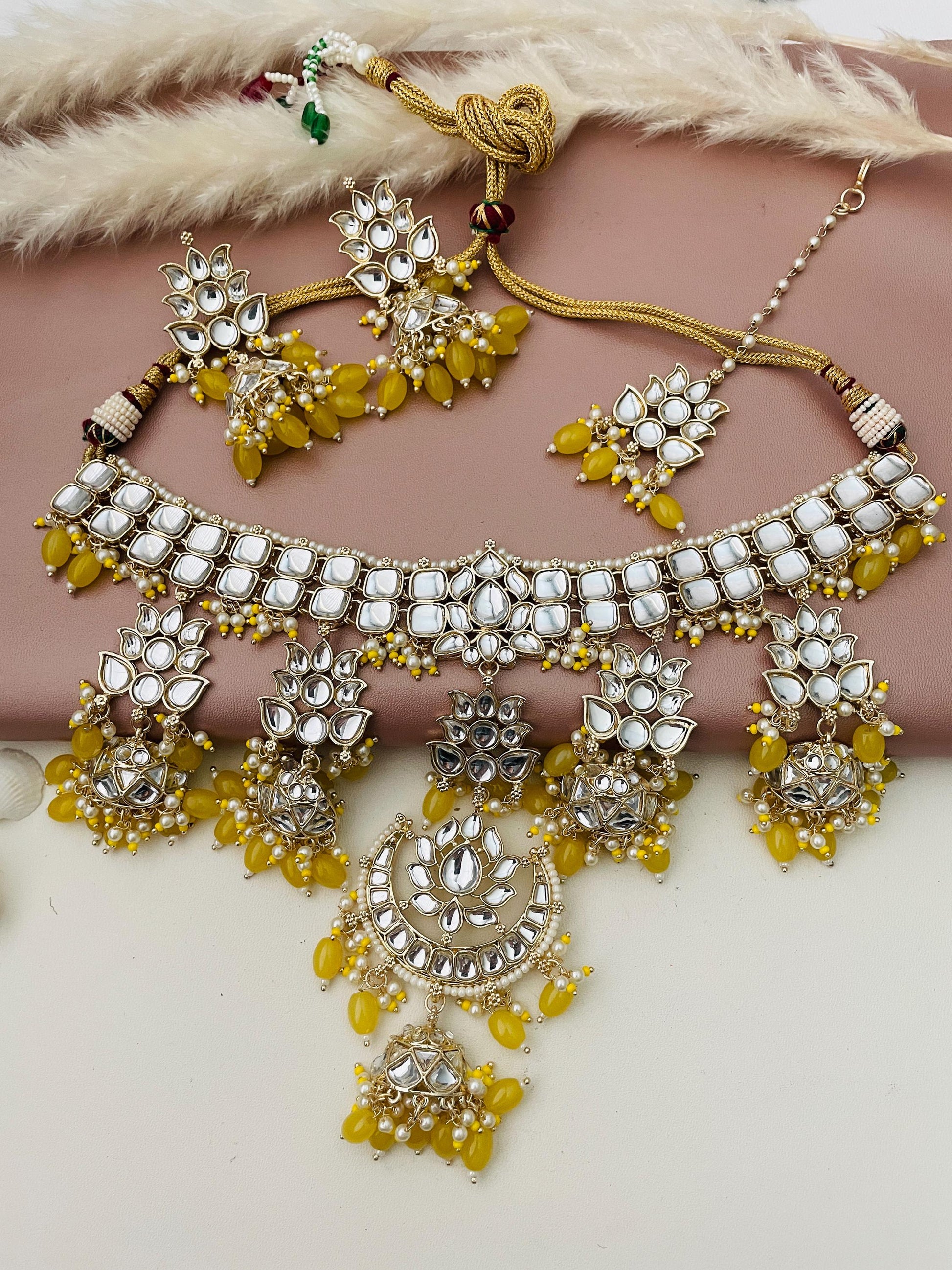 Yellow Kundan Choker Set: Bridal Necklace with Earrings & Maang Tika