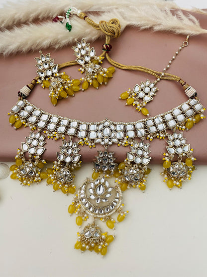 Yellow Kundan Choker Set: Bridal Necklace with Earrings & Maang Tika