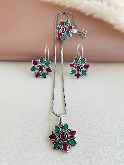 Oxidized Indian Jewelry Set: Multicolor Necklace, Earrings & Ring