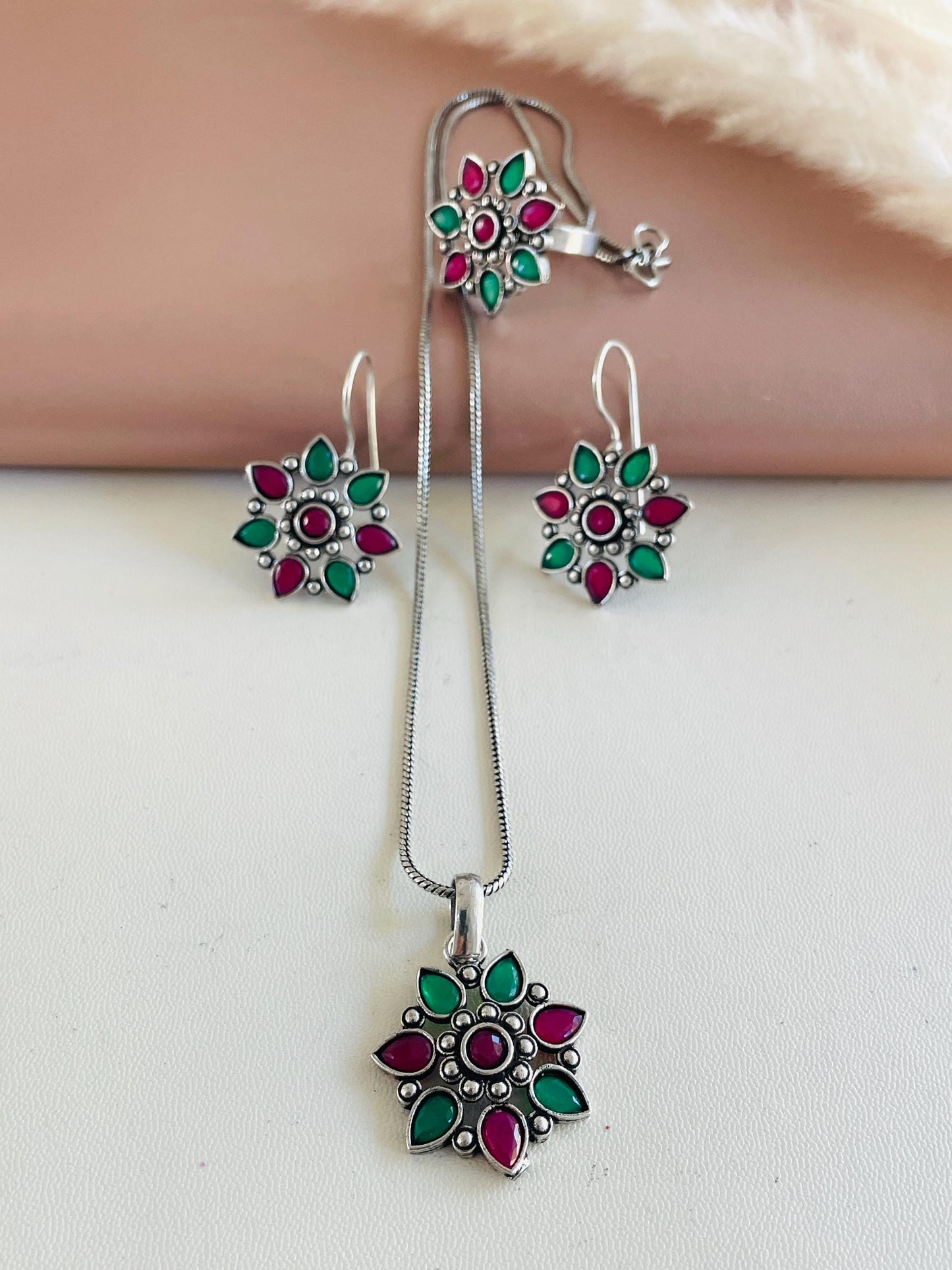 Oxidized Indian Jewelry Set: Multicolor Necklace, Earrings & Ring