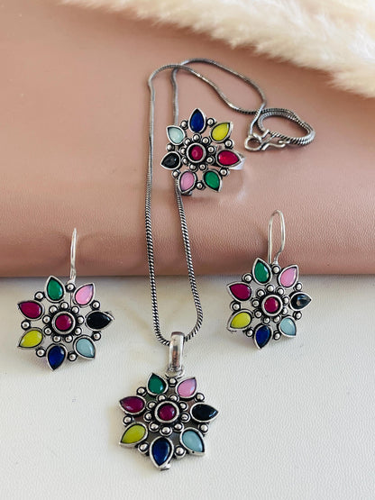 Oxidized Indian Jewelry Set: Multicolor Necklace, Earrings & Ring