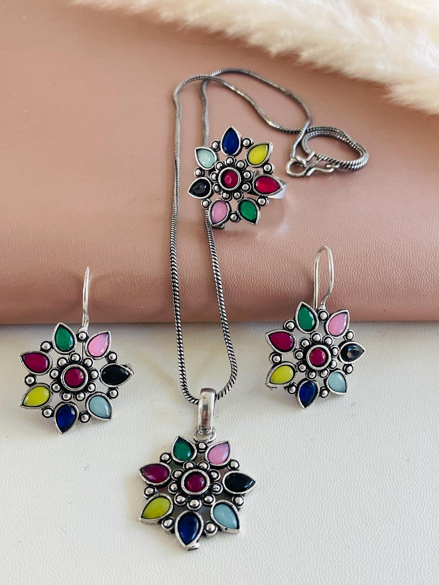 Oxidized Indian Jewelry Set: Multicolor Necklace, Earrings & Ring