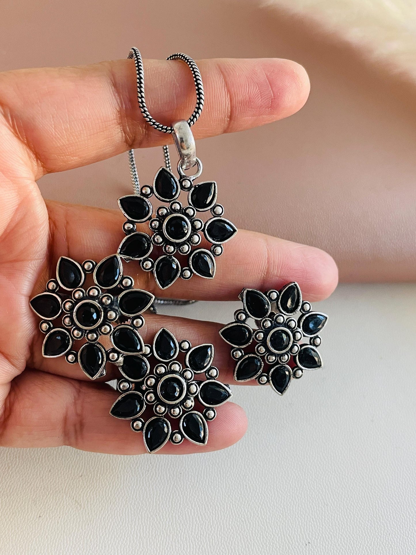 Oxidized Indian Jewelry Set: Multicolor Necklace, Earrings & Ring