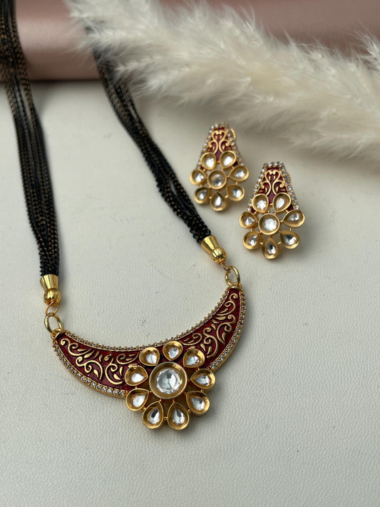 Gold Plated Kundan Mangalsutra: Minakari Black Chain Necklace