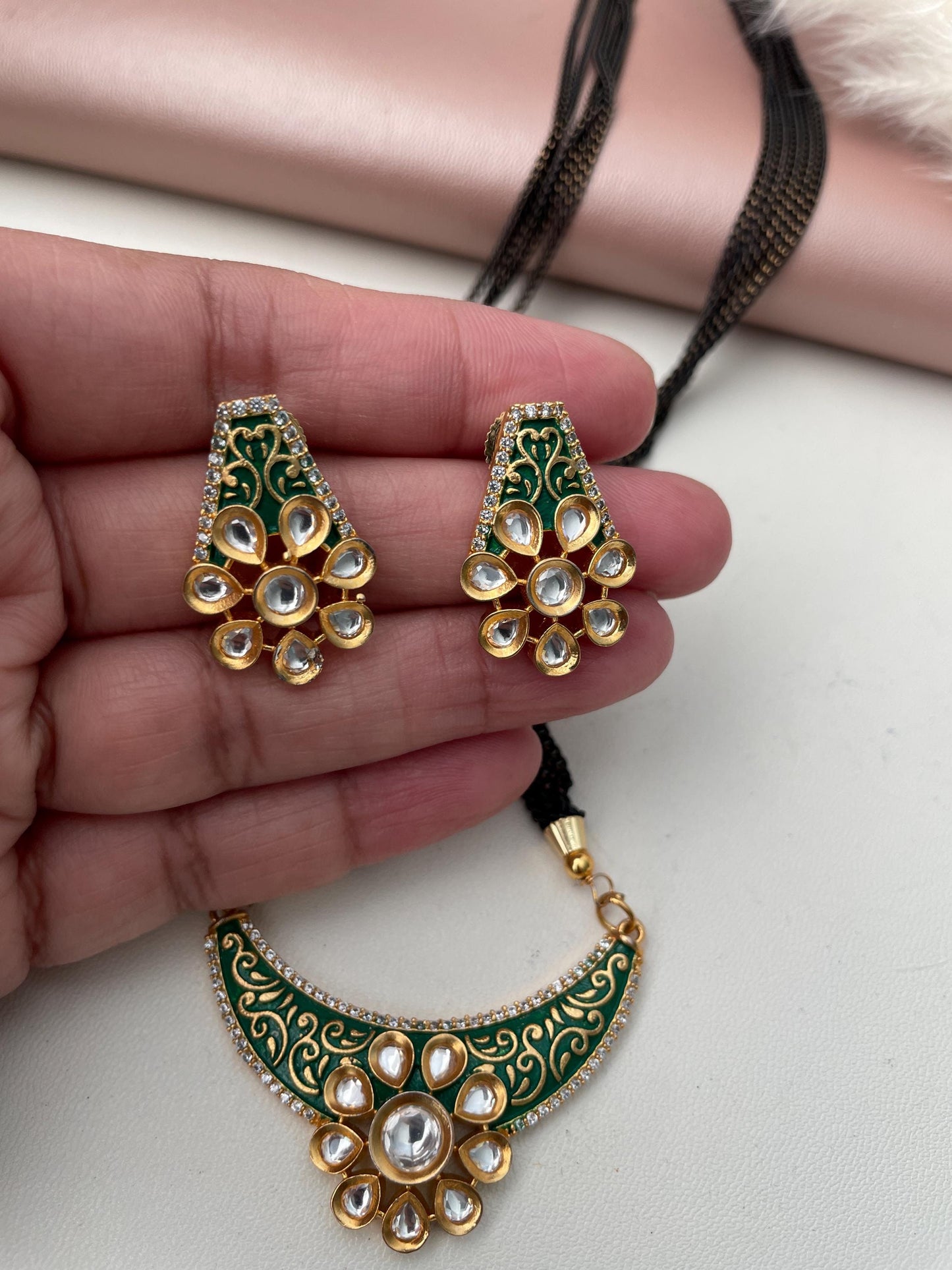 Gold Plated Kundan Mangalsutra: Minakari Black Chain Necklace