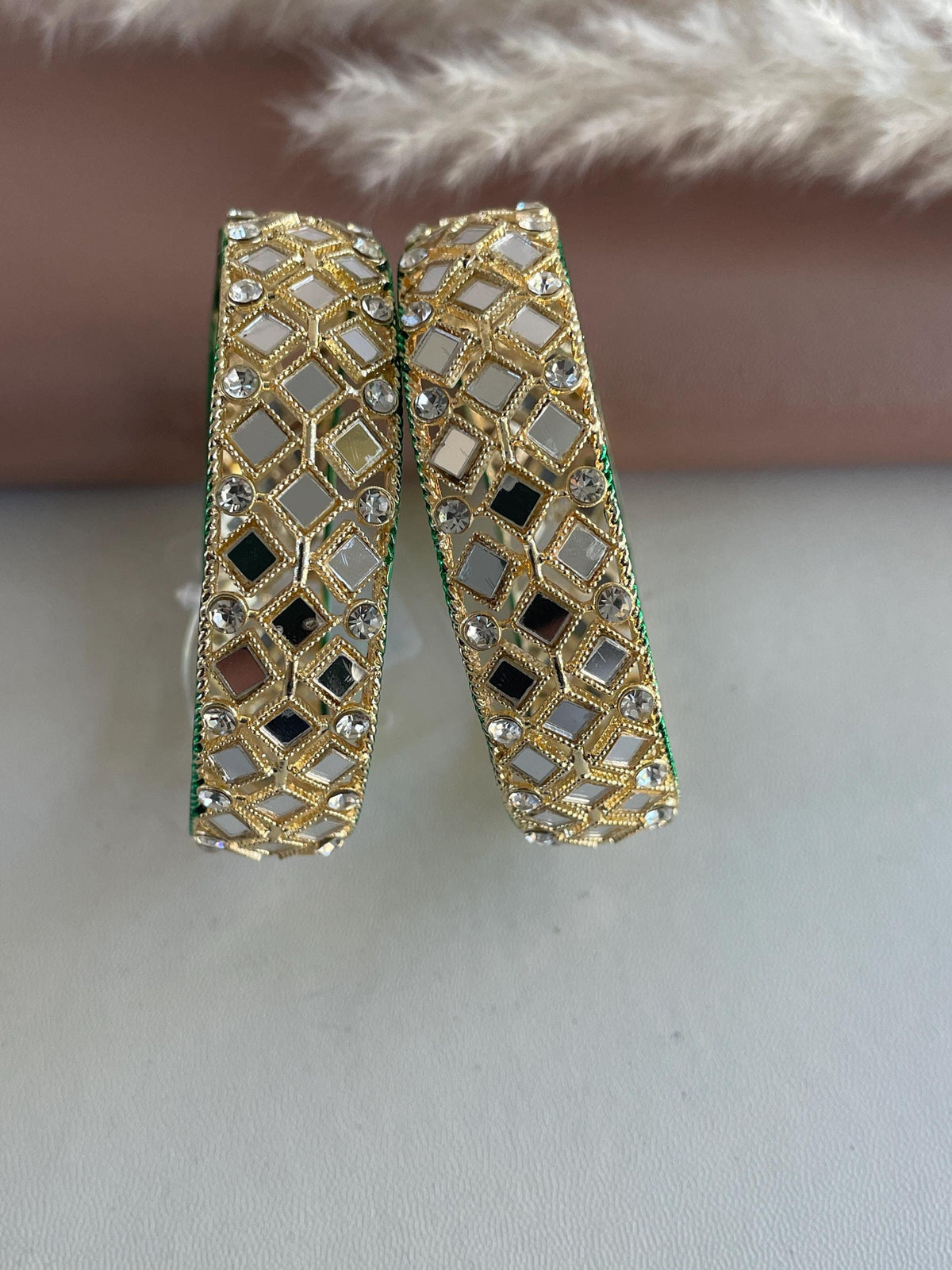 Lightweight gold plated mirror Indian bangles set of 2 wide bangles