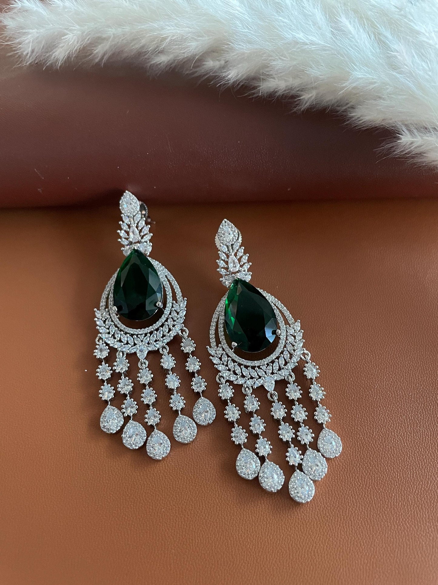 Green emerald and cubic zirconia CZ rhodium plated earrings .Very high quality, also add matching ring