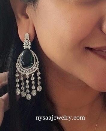 Nysaa Green Emerald CZ earrings in Rhodium plating | Bridal Jewelry | Eid Jewelry
