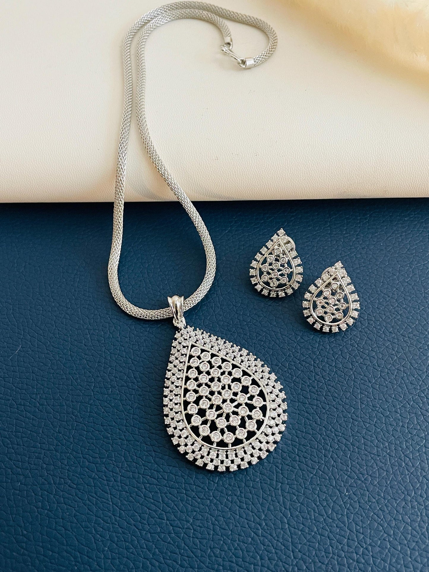 Indian Cubic Zirconia Necklace Set: Rhodium Plated Wedding Jewelry