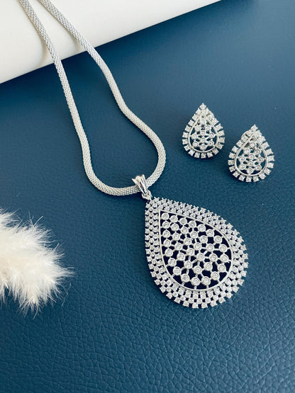 Cubic Zirconia pendant necklace set in rhodium plating or dual tone plating