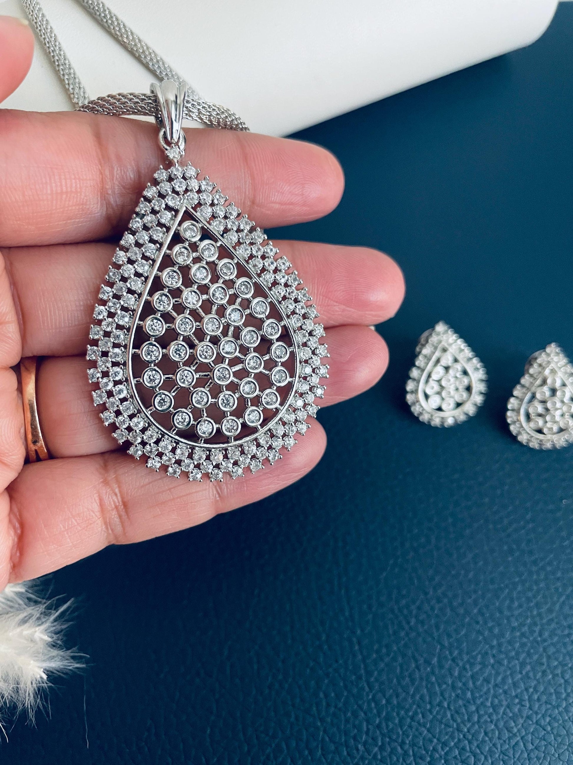 Indian Cubic Zirconia Necklace Set: Rhodium Plated Wedding Jewelry