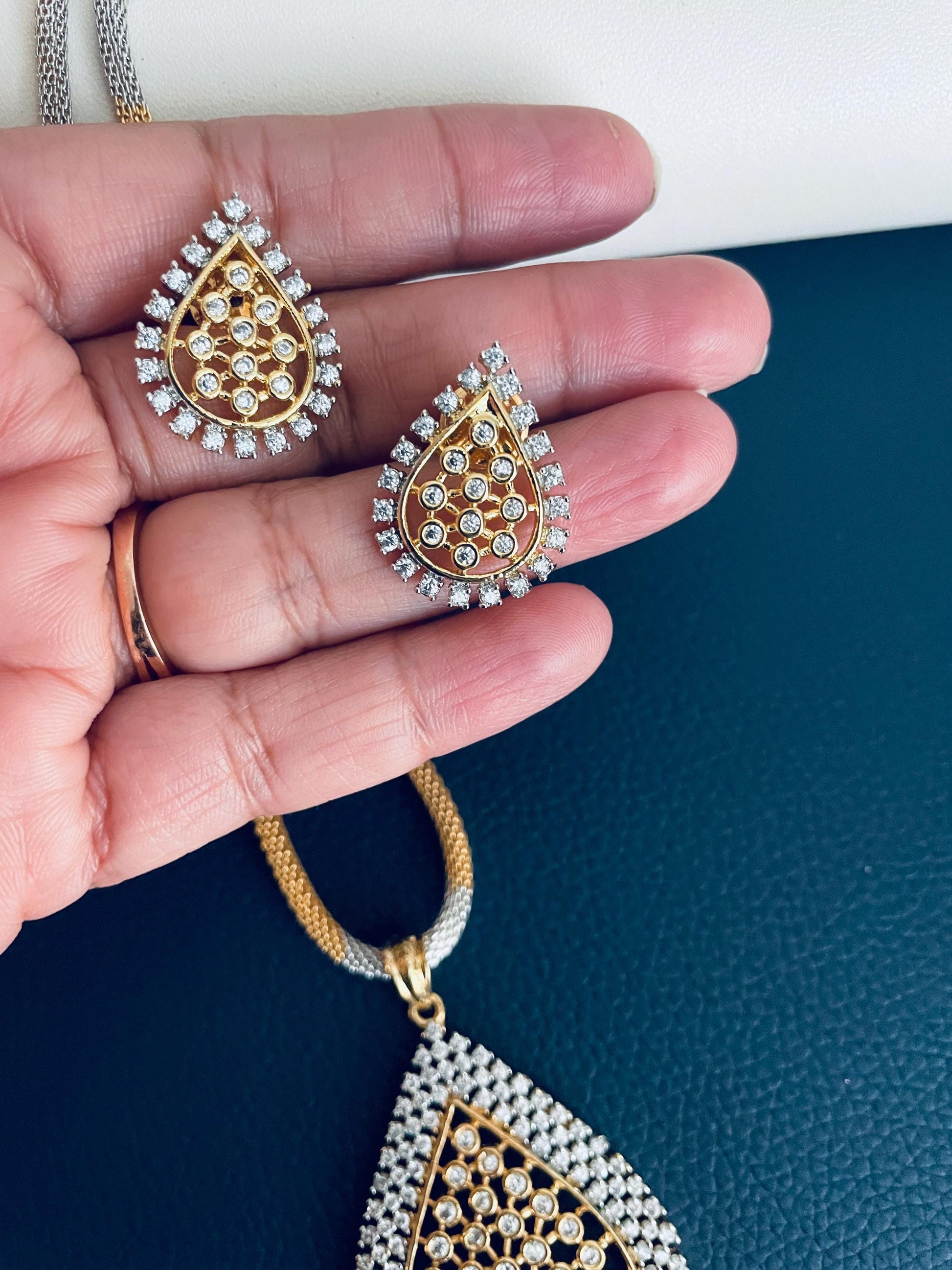 Indian Cubic Zirconia Necklace Set: Rhodium Plated Wedding Jewelry