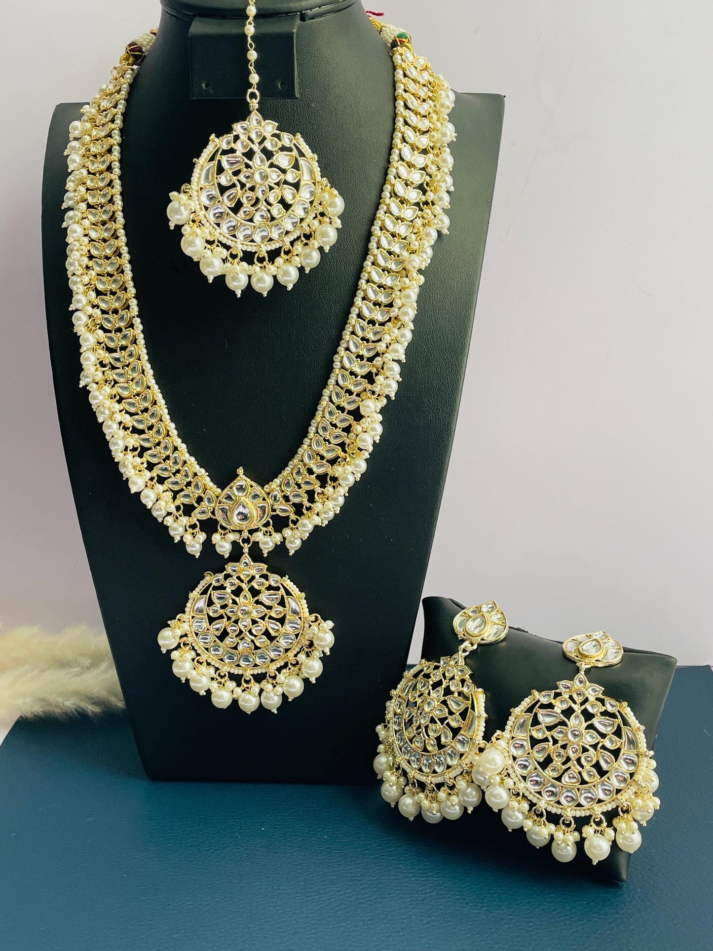 Gold plated kundan and pearl Necklace set with maang tika and Chandbali