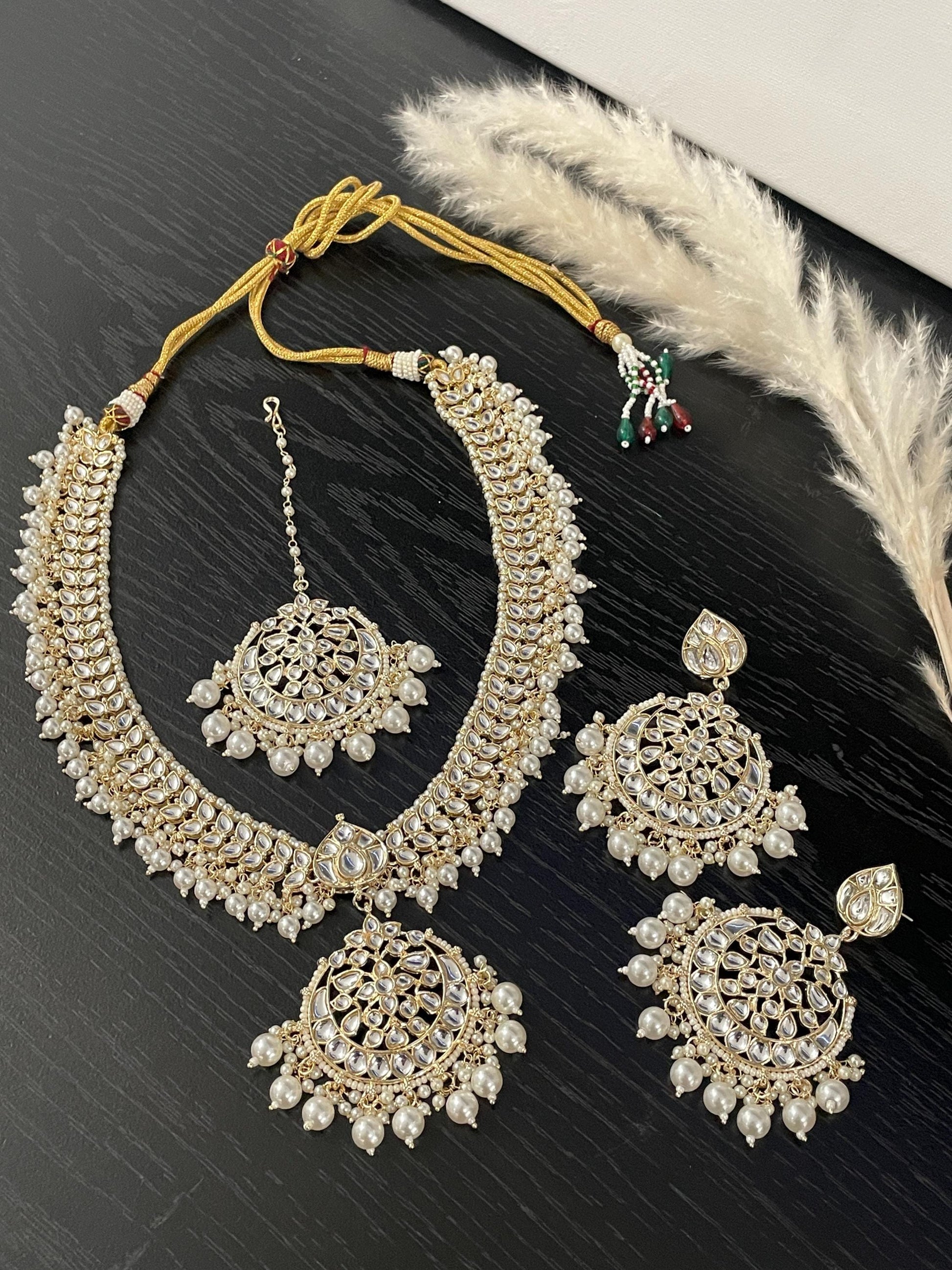 Gold plated kundan and pearl Necklace set with maang tika and Chandbali