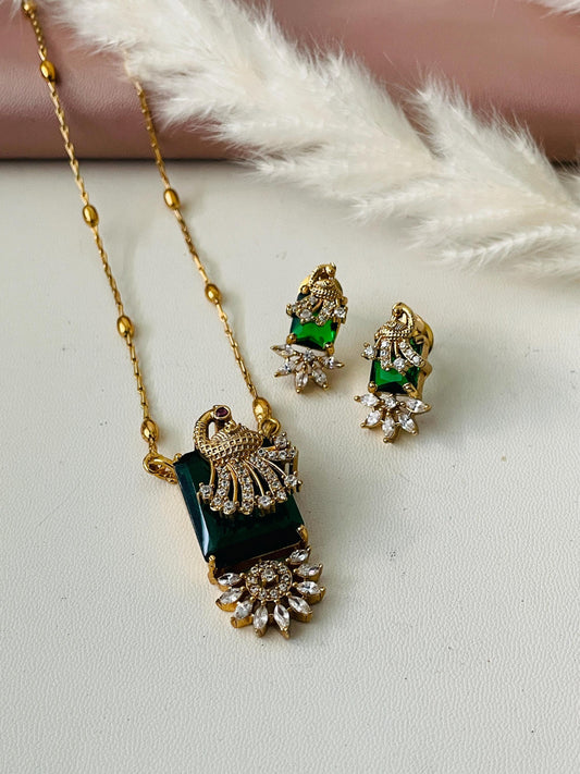 Gold plated CZ necklace set in peacock theme.