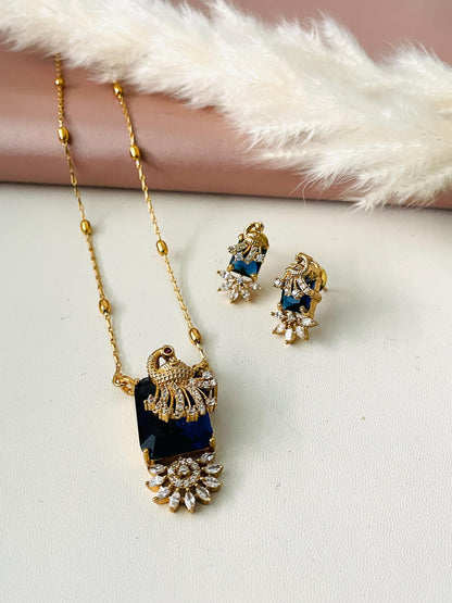 Gold Plated CZ Peacock Pendant Necklace Set: Green & Navy