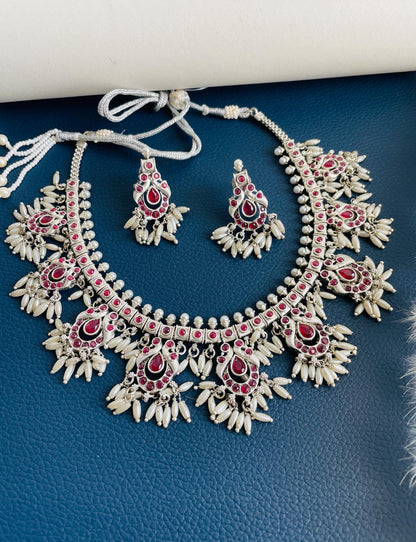 Kemp Silver Necklace Set: Ruby, Green & White Stone Earrings