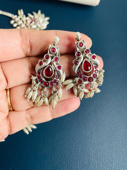 Kemp Silver Necklace Set: Ruby, Green & White Stone Earrings