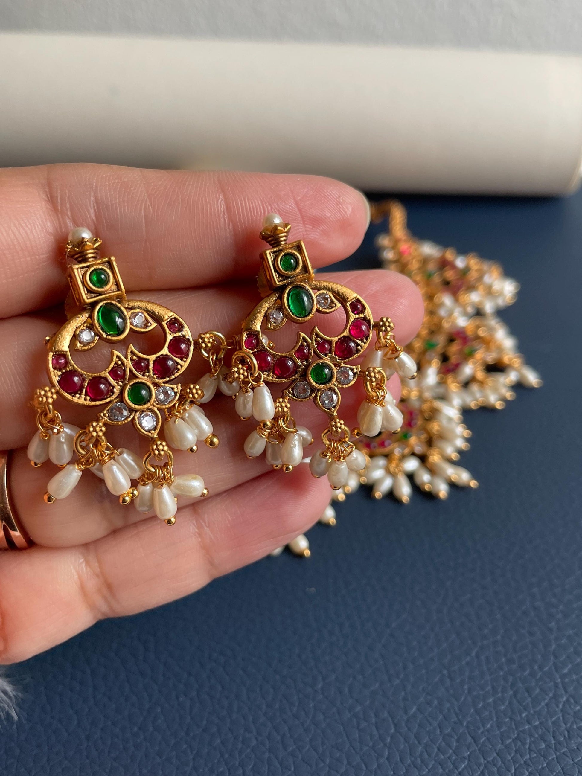 Kemp Stone & Pearl Gold Plated Necklace Set: South Indian Temple Jewelry