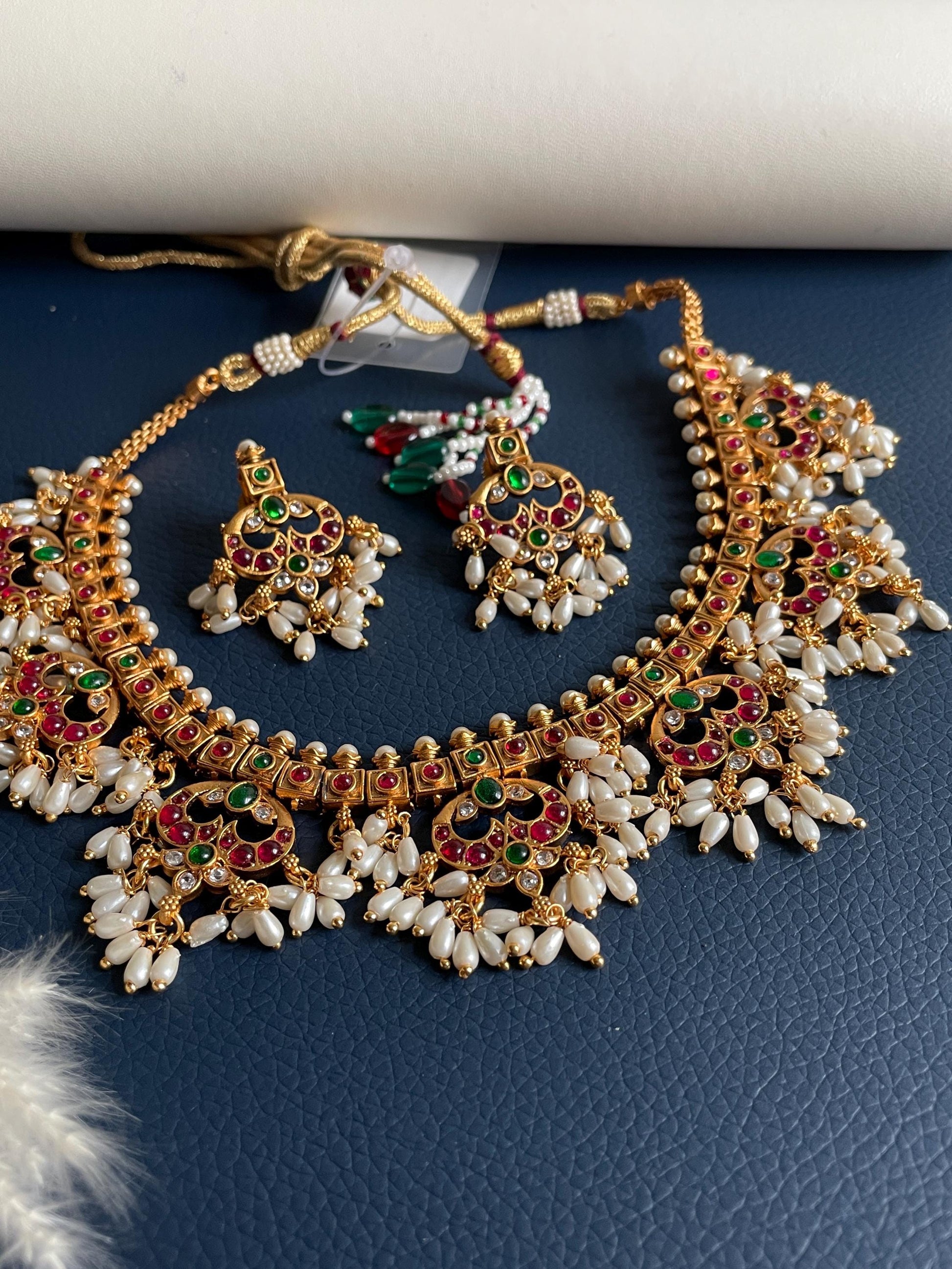 Kemp Stone & Pearl Gold Plated Necklace Set: South Indian Temple Jewelry