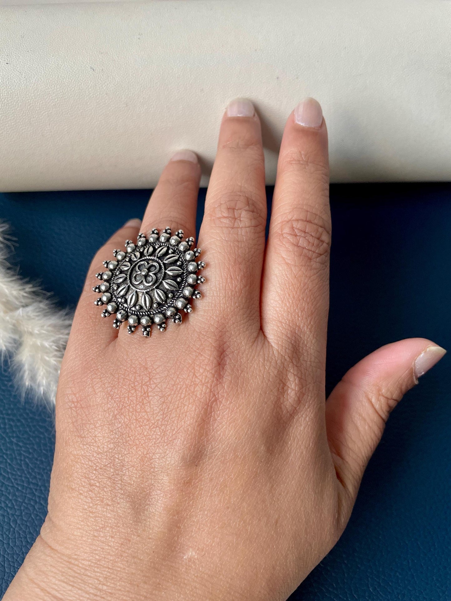 Oxidized Silver Adjustable Ring: Big Circular Statement Ring