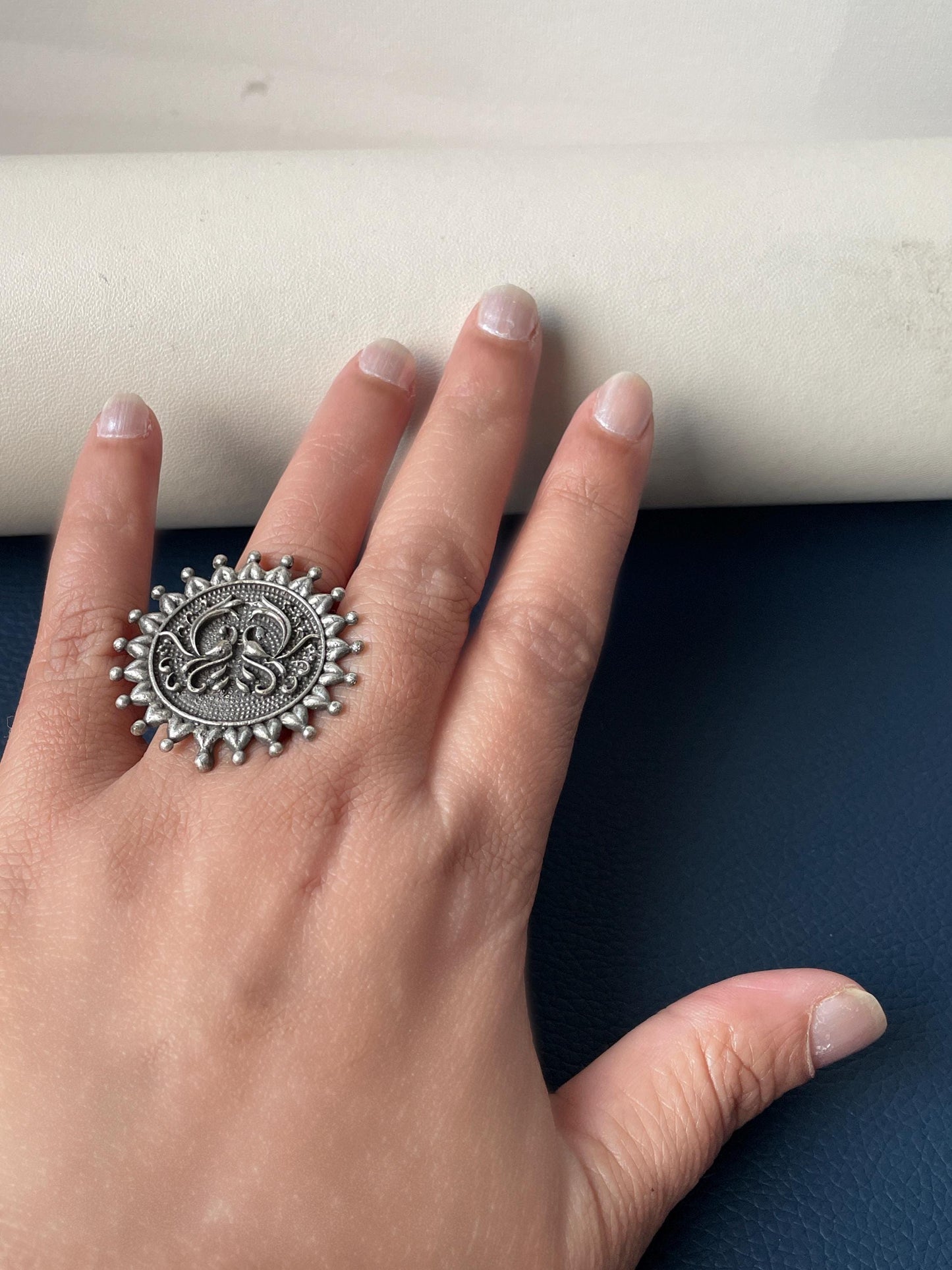 Oxidized Silver Adjustable Ring: Big Circular Statement Ring
