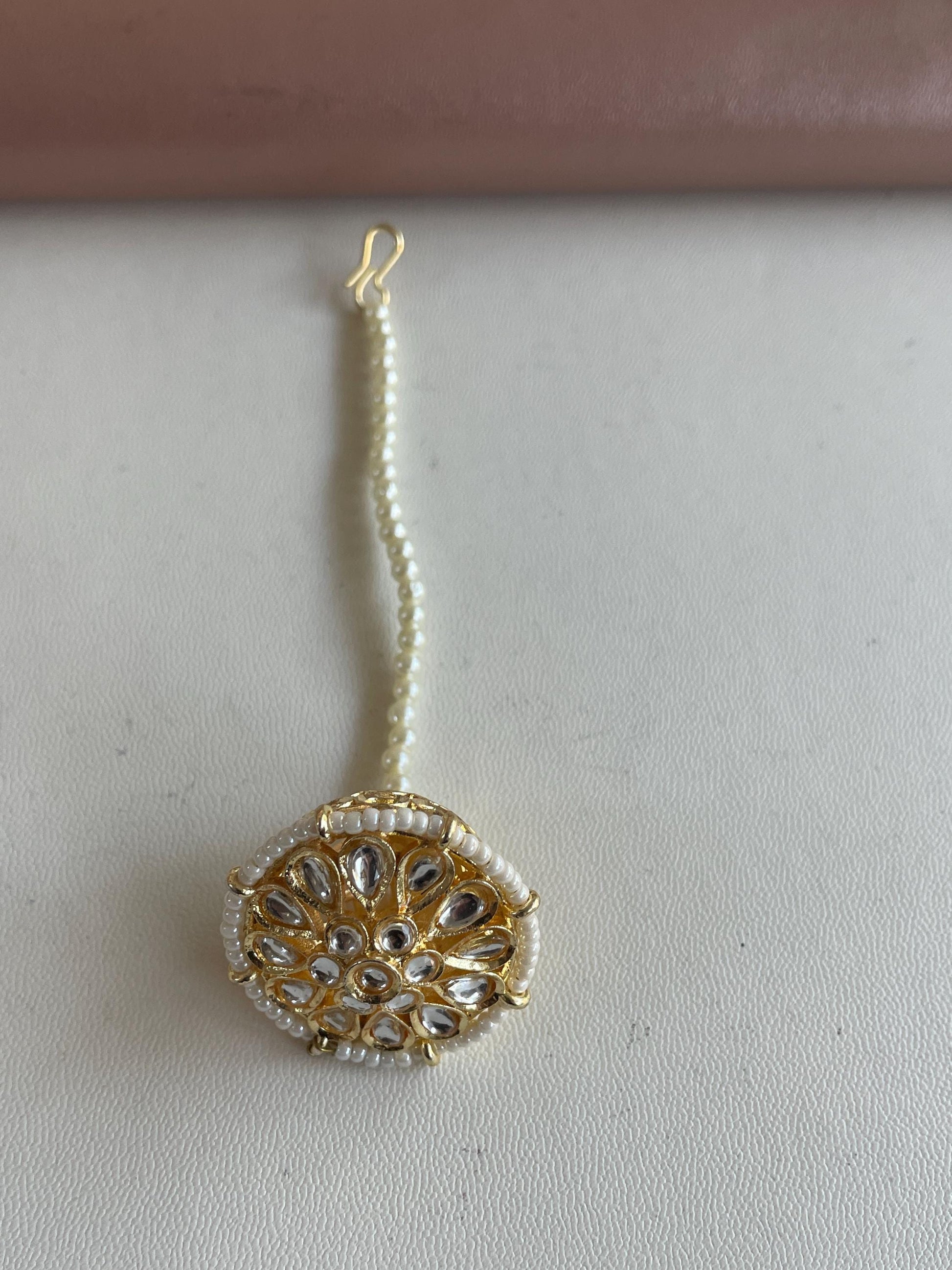 Gold Plated Kundan Pearl Borla: Rajasthani Head Jewelry