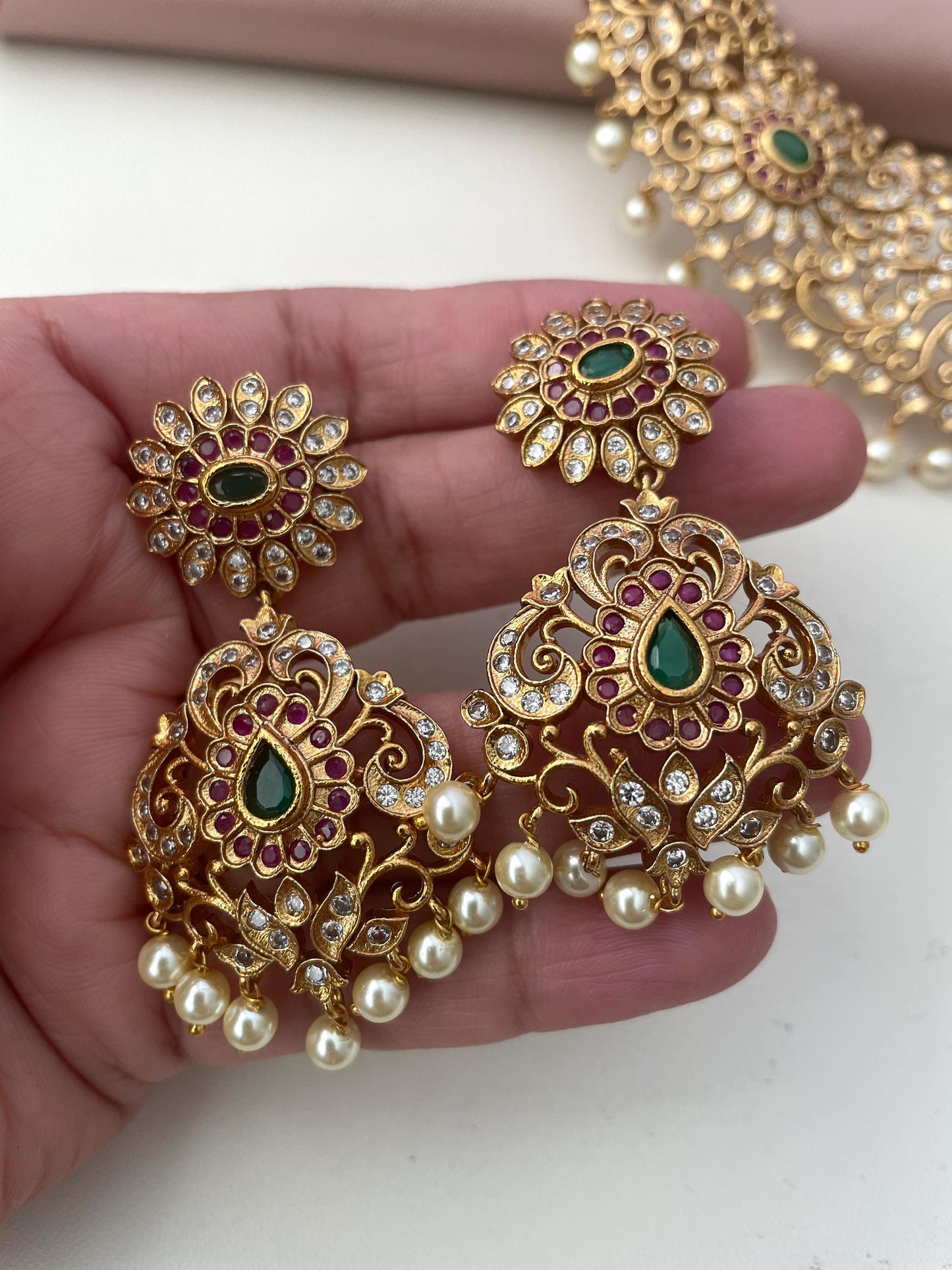 Cubic Zirconia Bridal Necklace Set: Gold, Green, Ruby, and Pearl Statement Jewelry