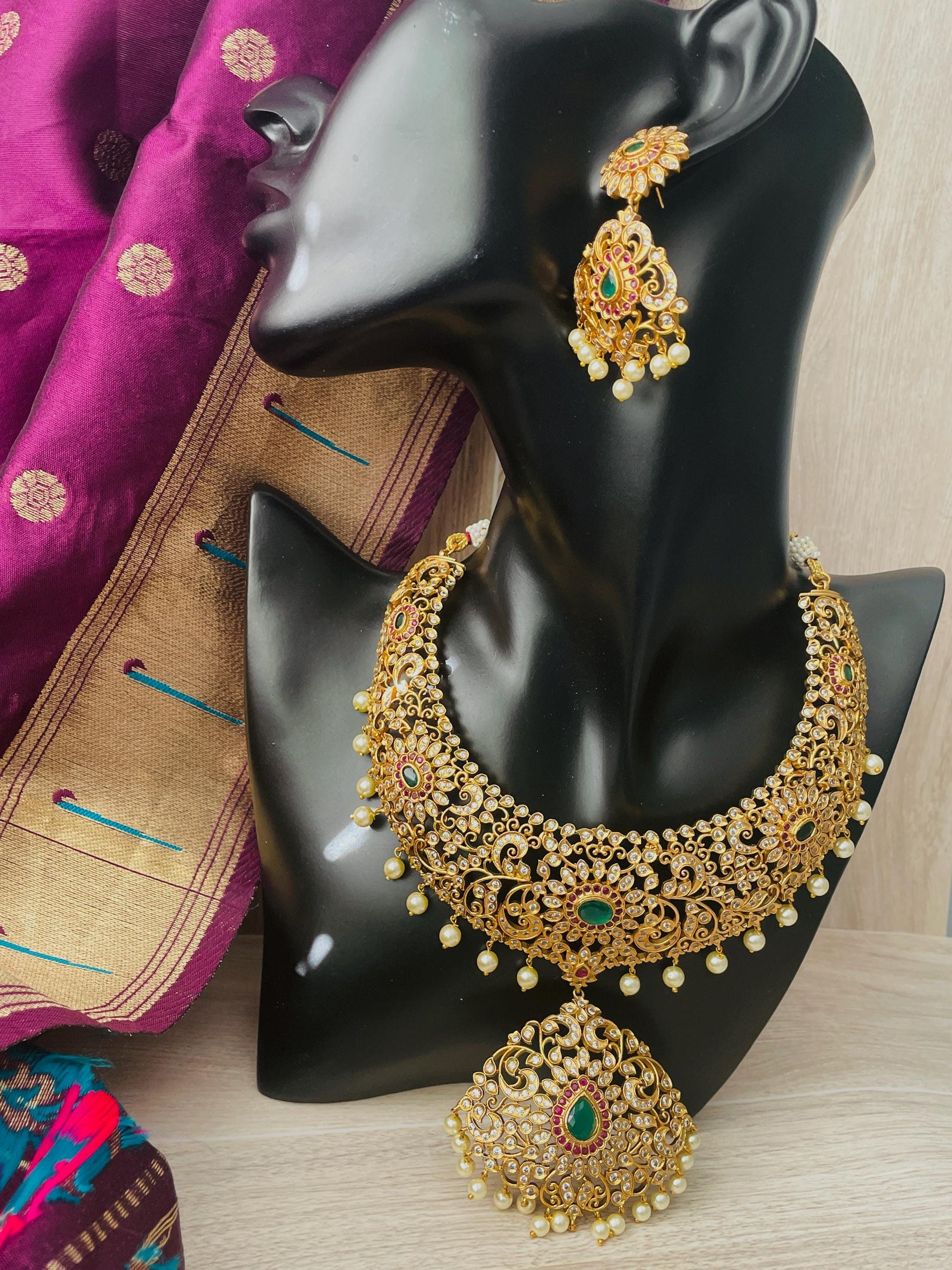 Cubic Zirconia Bridal Necklace Set: Gold, Green, Ruby, and Pearl Statement Jewelry