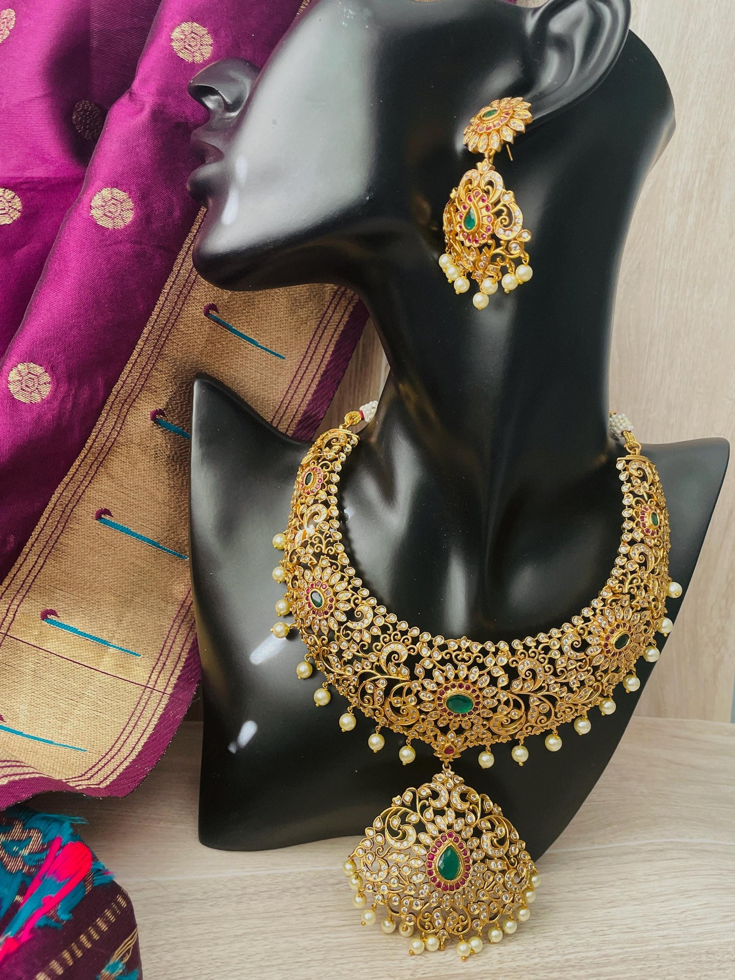 Cubic Zirconia Bridal Necklace Set: Gold, Green, Ruby, and Pearl Statement Jewelry