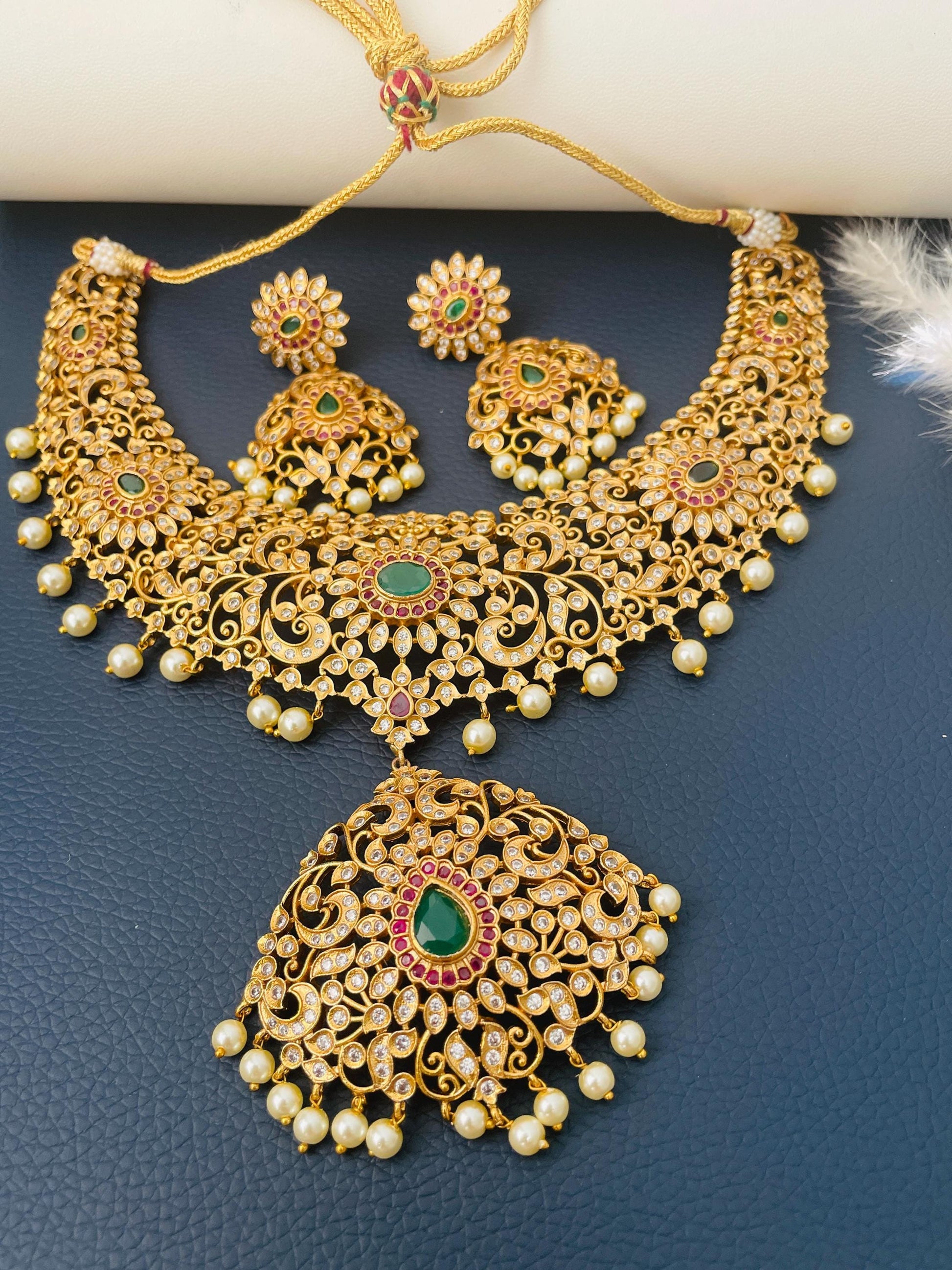 Cubic Zirconia Bridal Necklace Set: Gold, Green, Ruby, and Pearl Statement Jewelry