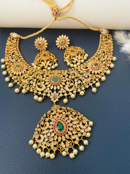Cubic Zirconia Bridal Necklace Set: Gold, Green, Ruby, and Pearl Statement Jewelry