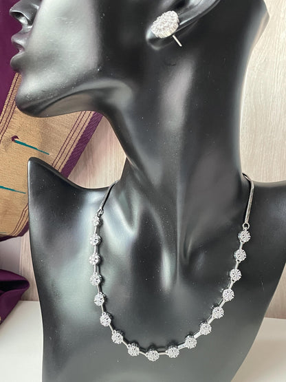 CZ Bridal Necklace Set: Rhodium Plated, Delicate Bridesmaids Jewelry