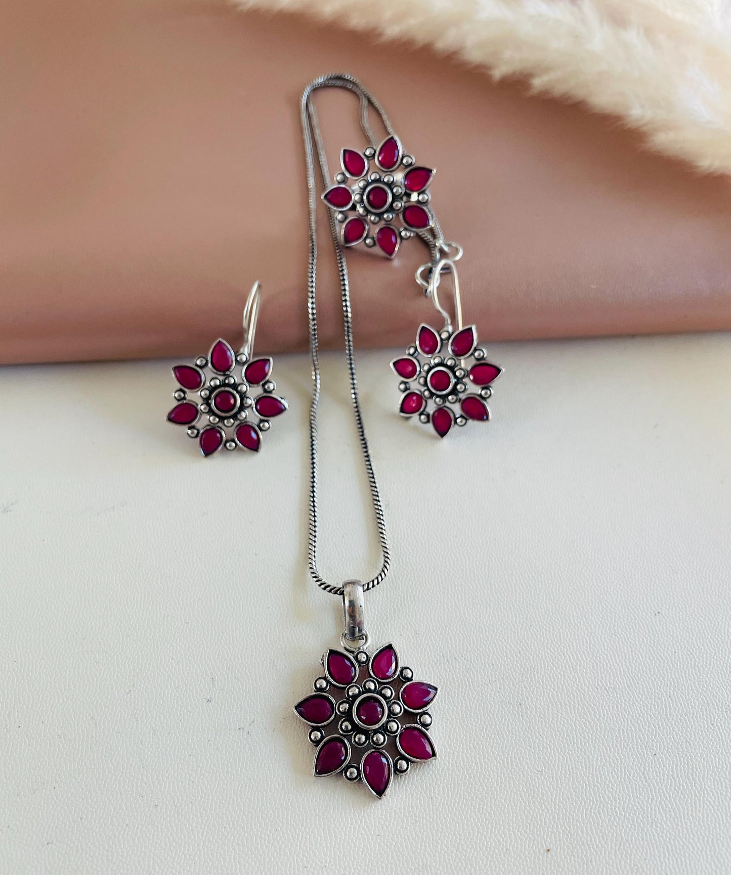 Oxidized Indian Jewelry Set: Multicolor Necklace, Earrings & Ring