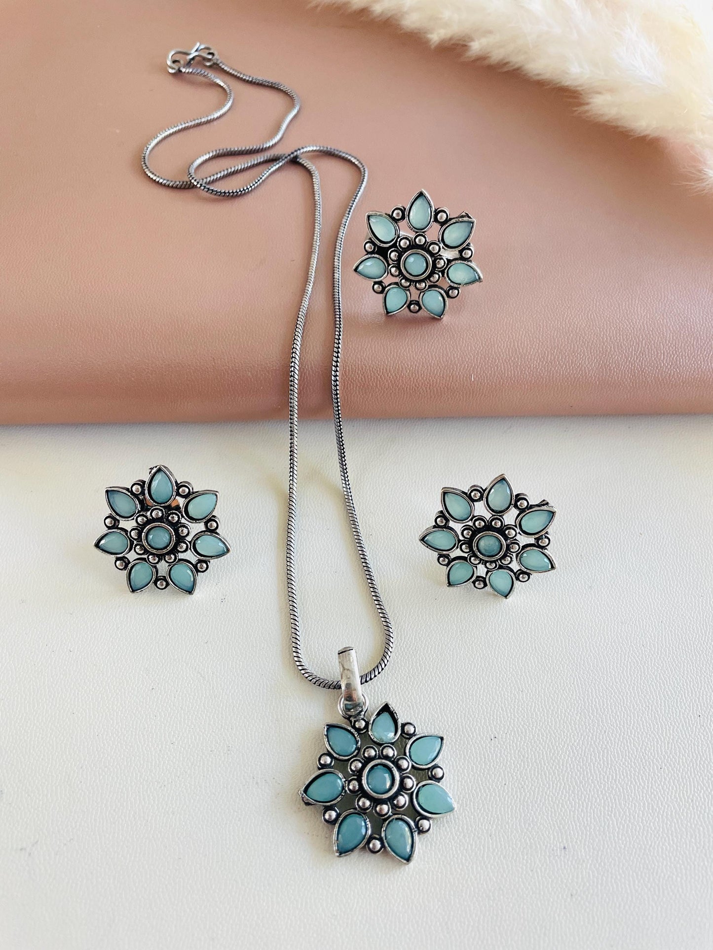 Oxidized Indian Jewelry Set: Multicolor Necklace, Earrings & Ring