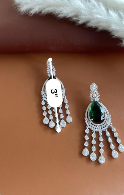 Nysaa Green Emerald CZ earrings in Rhodium plating | Bridal Jewelry | Eid Jewelry