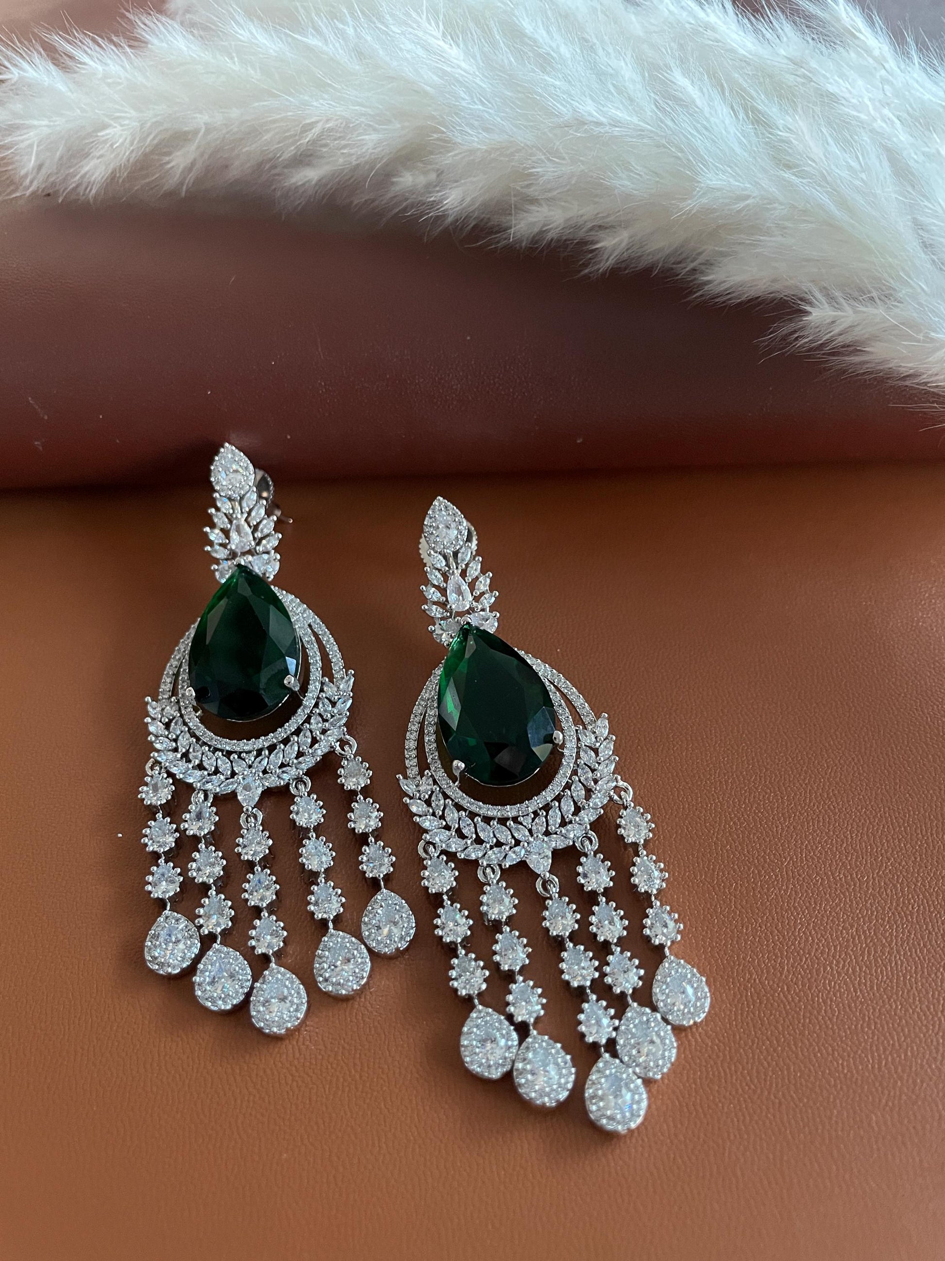 Nysaa Green Emerald CZ earrings in Rhodium plating | Bridal Jewelry | Eid Jewelry