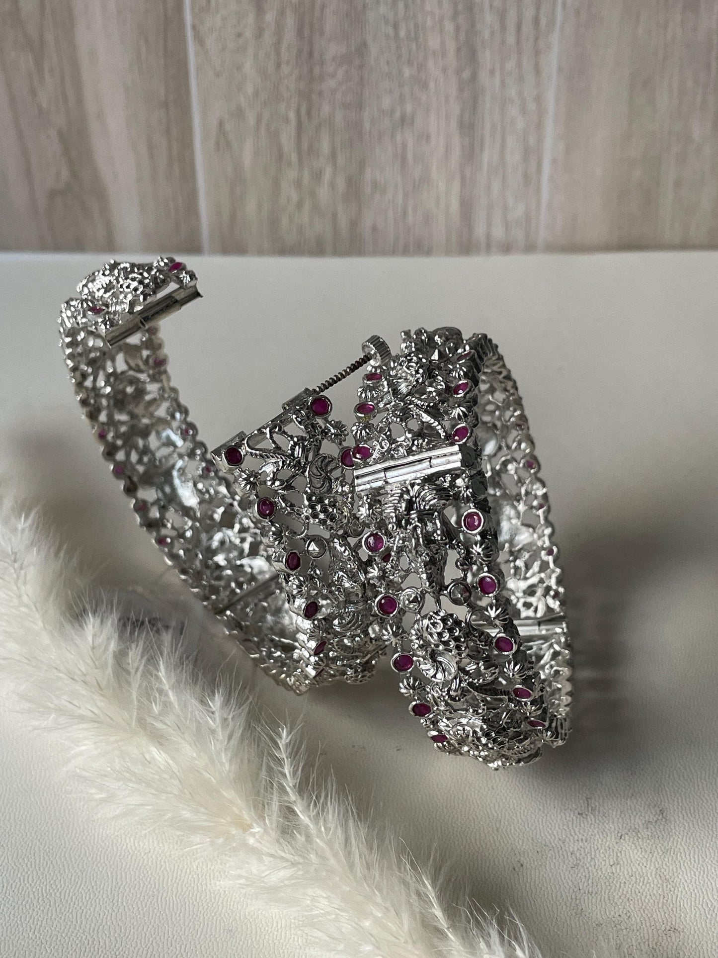 Silver Lookalike Temple Bangles: Lakshmi Peacock Kada with Red Gemstones