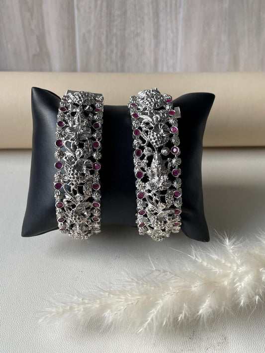 Silver Lookalike Temple Bangles: Lakshmi Peacock Kada with Red Gemstones