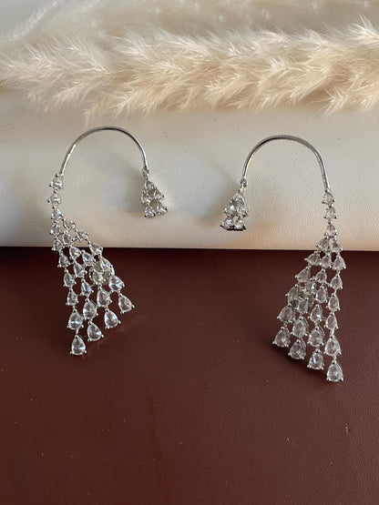 Cubic Zirconia Dangle Earrings: Rhodium Plated Jhumke Style