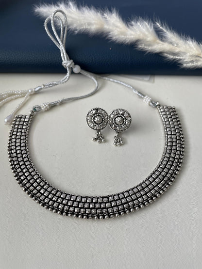 Oxidized Collar Necklace with Earrings: Kolhapuri Style Jewelry Set