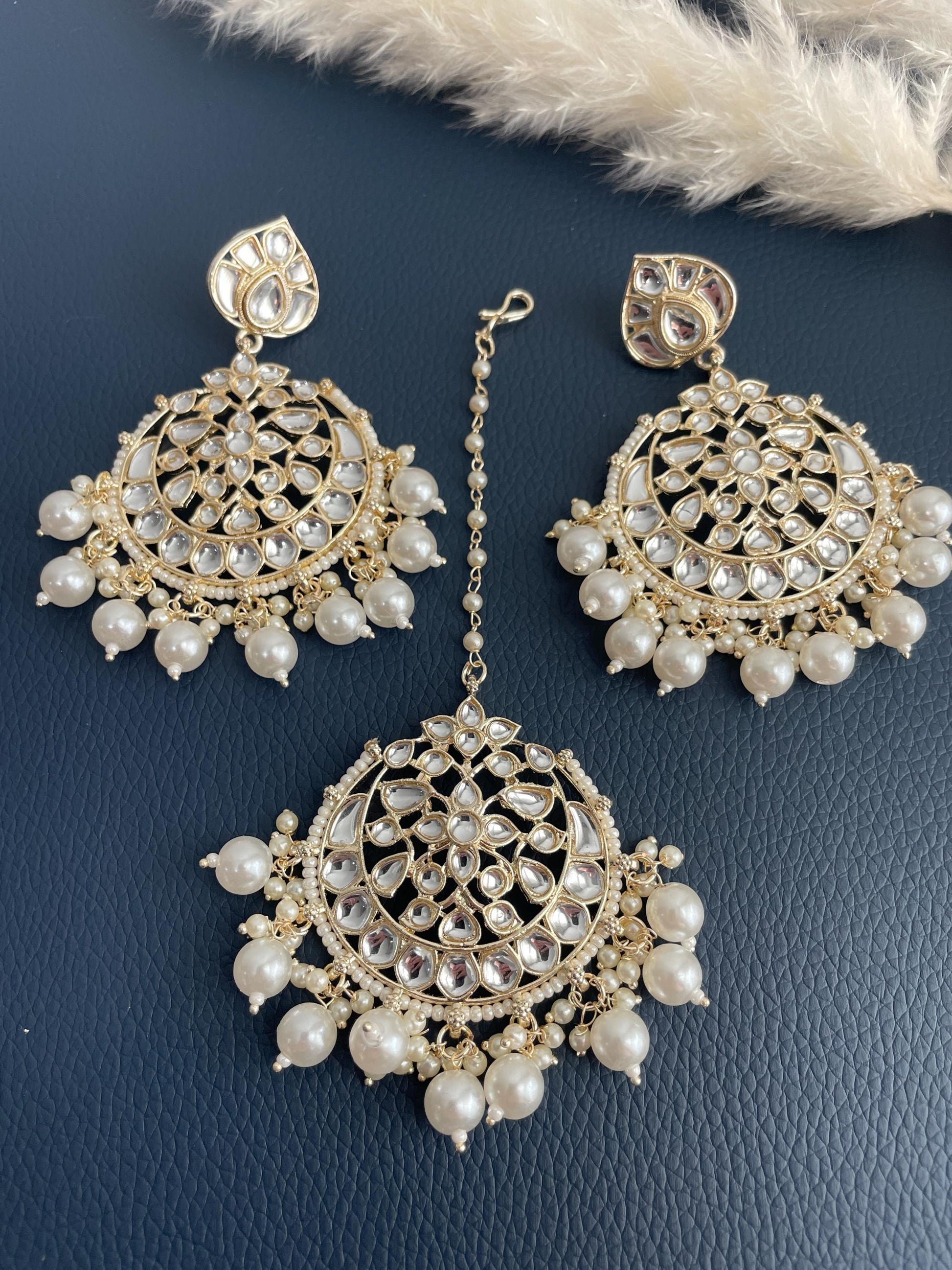 Gold plated kundan and pearl Necklace set with maang tika and Chandbali