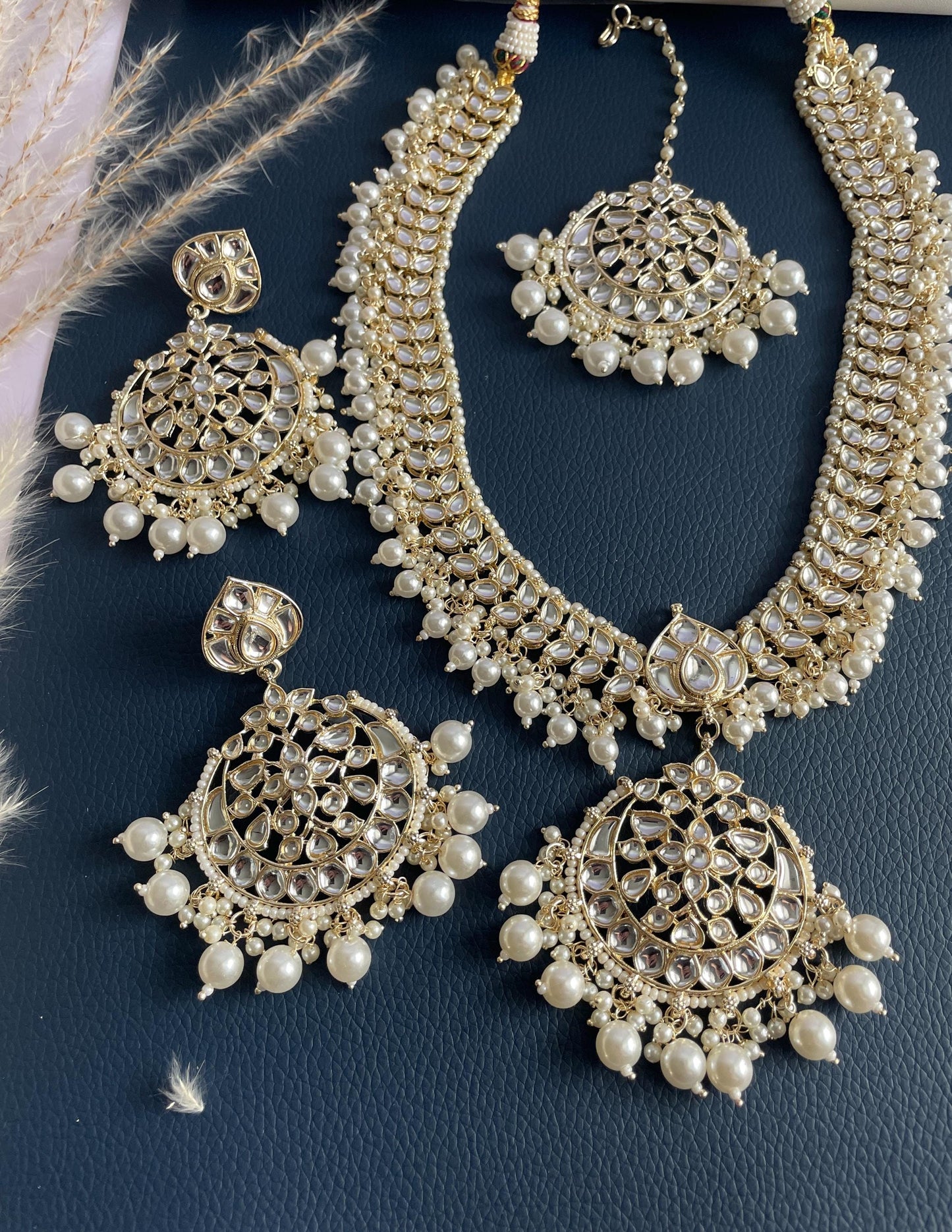 Gold plated kundan and pearl Necklace set with maang tika and Chandbali