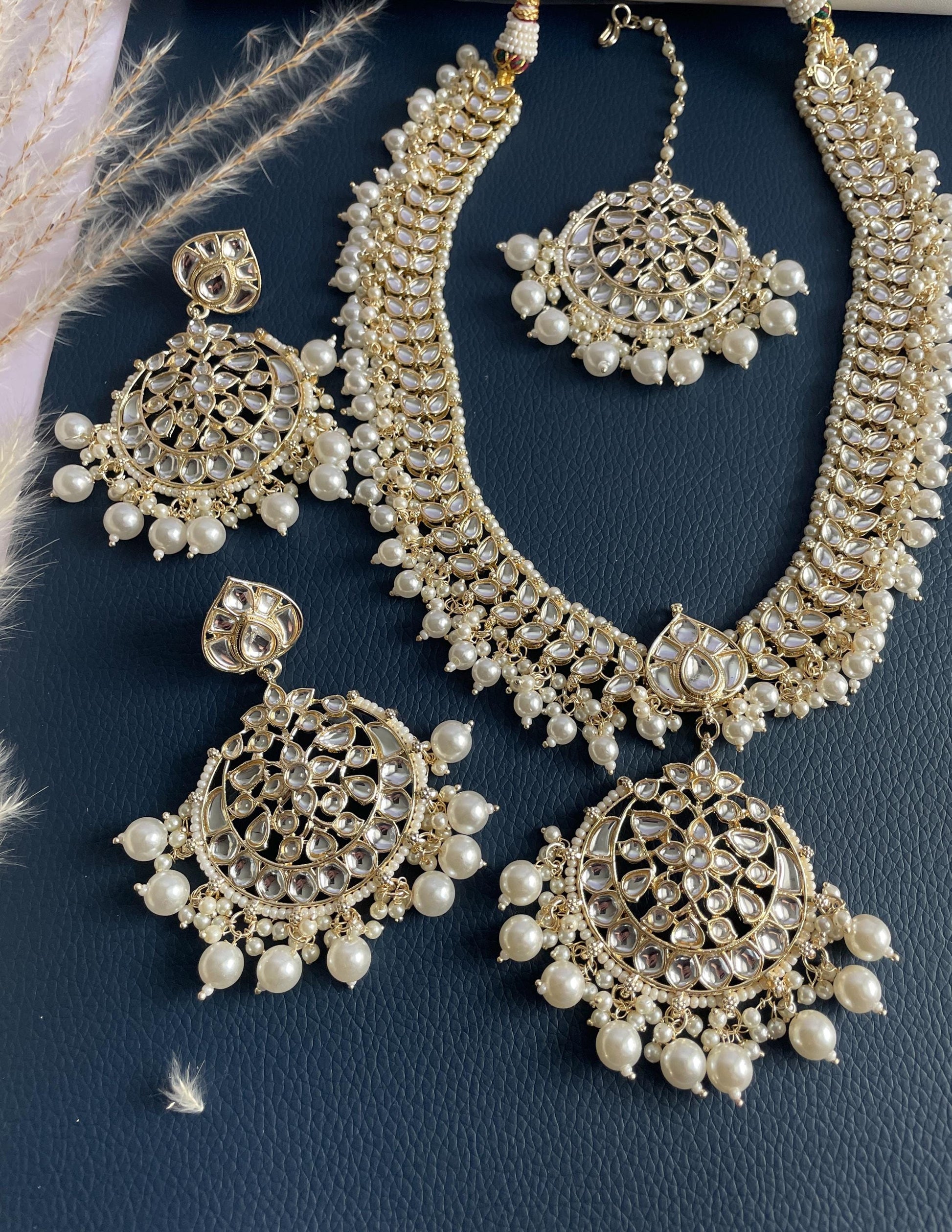 Gold plated kundan and pearl Necklace set with maang tika and Chandbali
