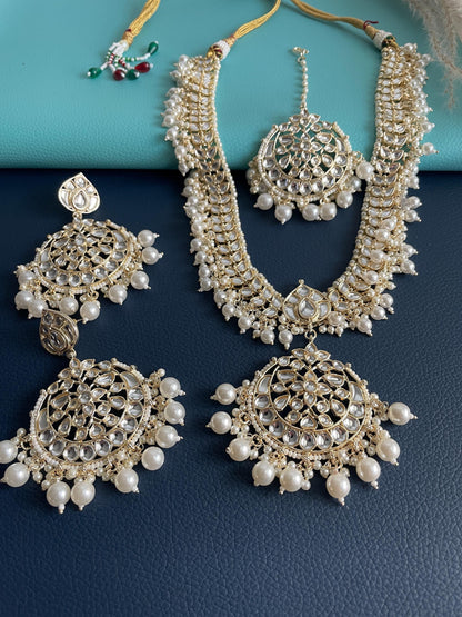 Gold plated kundan and pearl Necklace set with maang tika and Chandbali