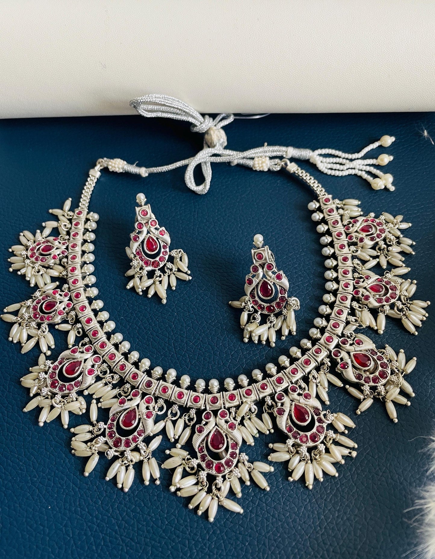 Kemp Silver Necklace Set: Ruby, Green & White Stone Earrings