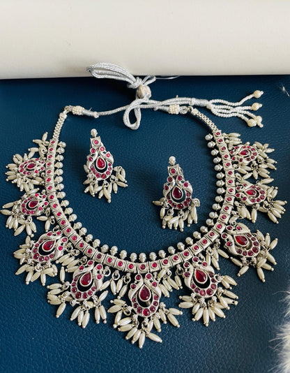 Kemp Silver Necklace Set: Ruby, Green & White Stone Earrings